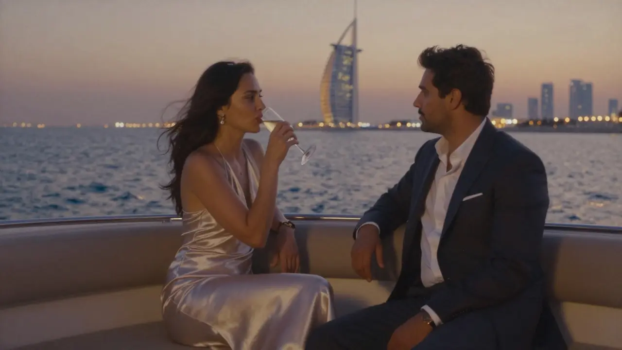 A couple on a private yacht at sunset with Dubai's skyline in the background.