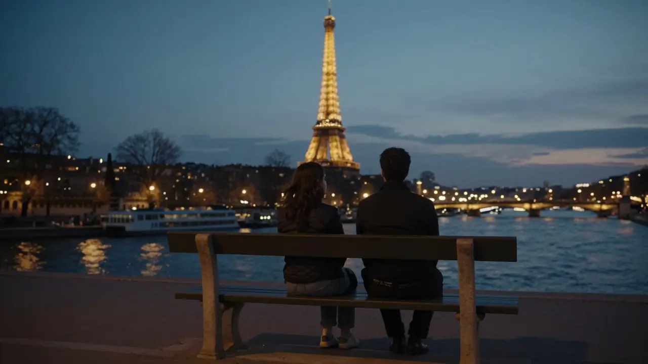 A couple sits in quiet silence on a stone bench at Pont Alexandre III, the Eiffel Tower glowing softly in the distance at dusk.