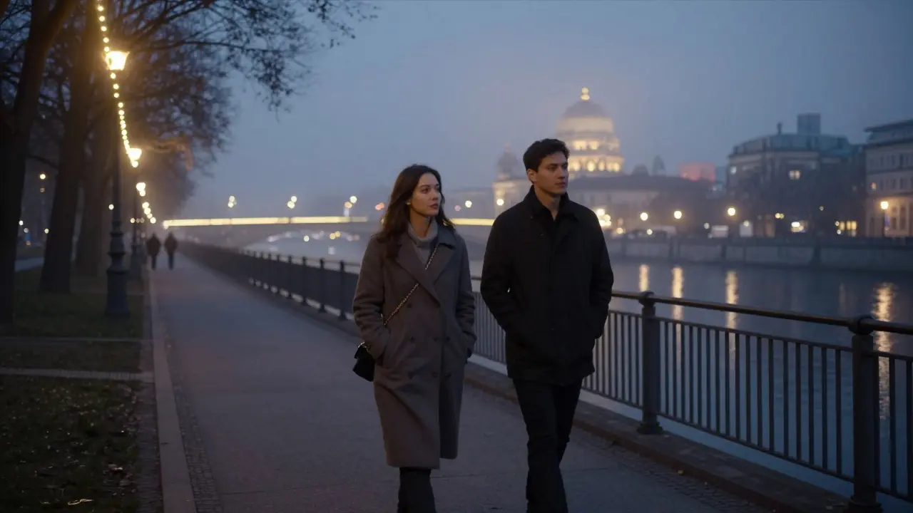 A couple walking peacefully along the Spree River at night under twinkling string lights.