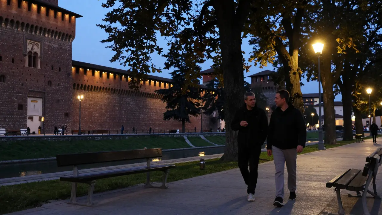 A couple walking peacefully beside Sforza Castle at night, silhouetted under soft lamps, lost in quiet conversation.