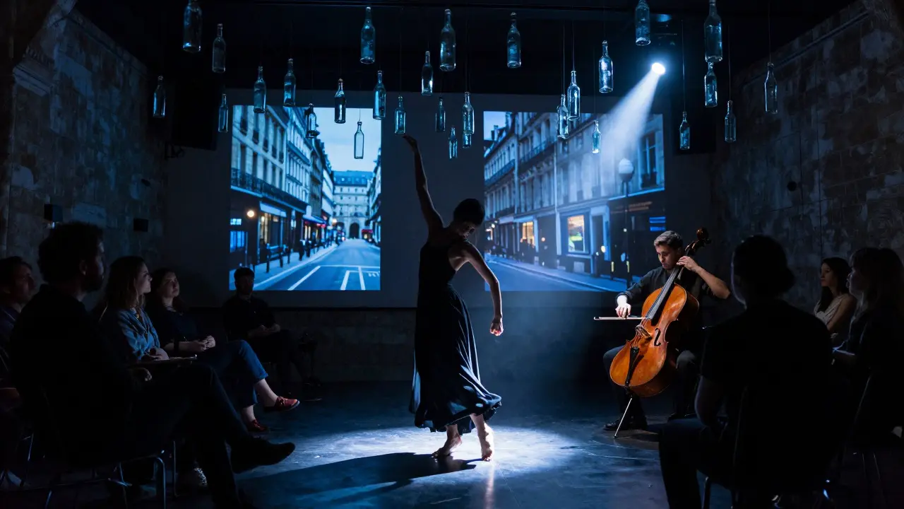 A dancer moves among glass bottles in a dark theater, lit by projections of Paris streets and a single spotlight.