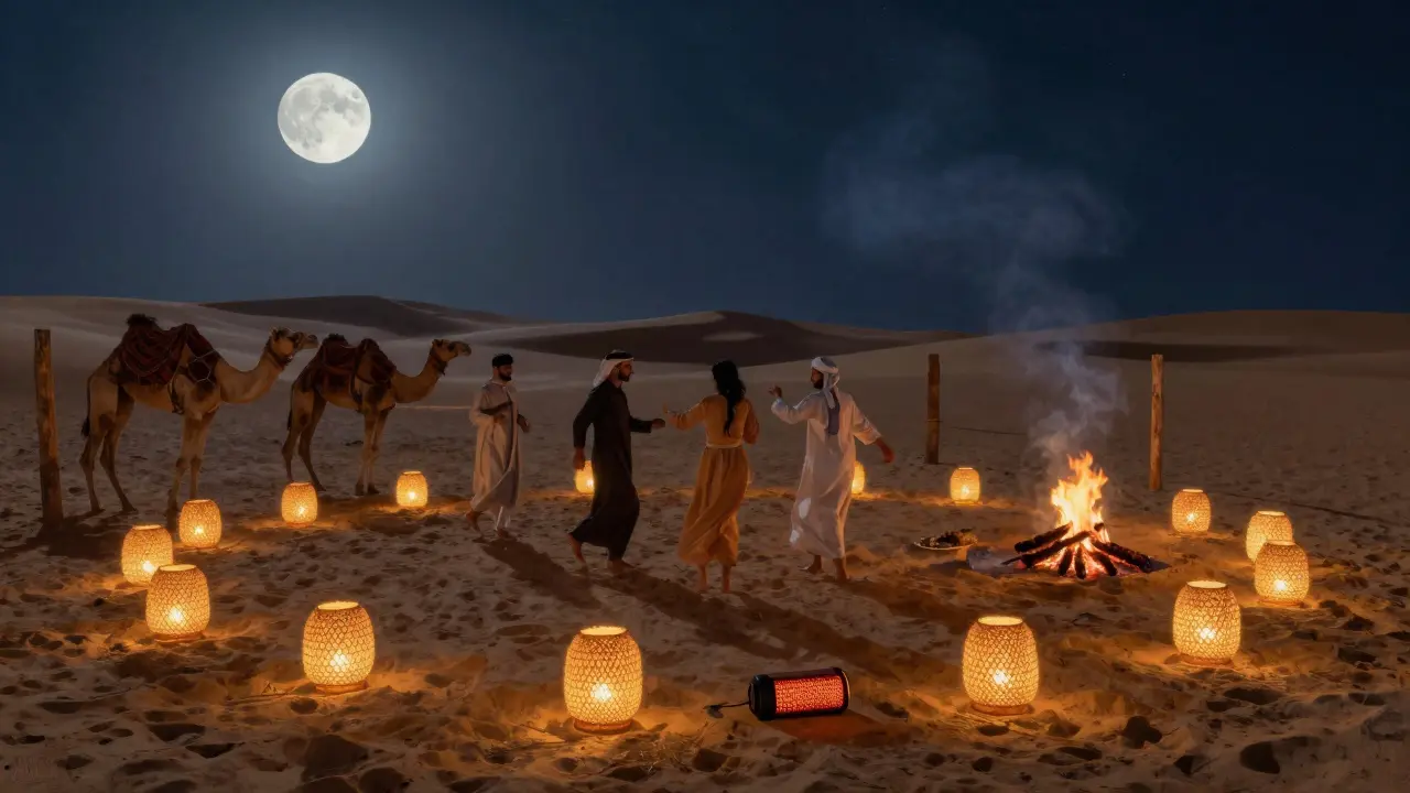 A desert gathering under a full moon with lanterns, camels, and people dancing around a fire.