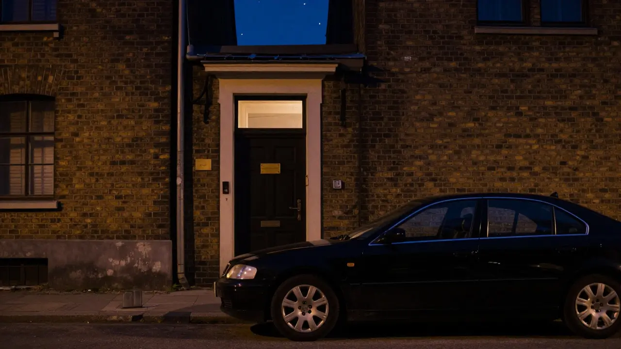 A discreet door in a quiet Berlin alley at night, glowing faintly with no signage or people in sight.