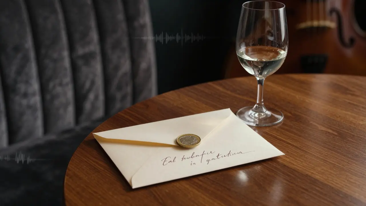 A discreet envelope with a handwritten note and gold coin on a table in a quiet upscale lounge.