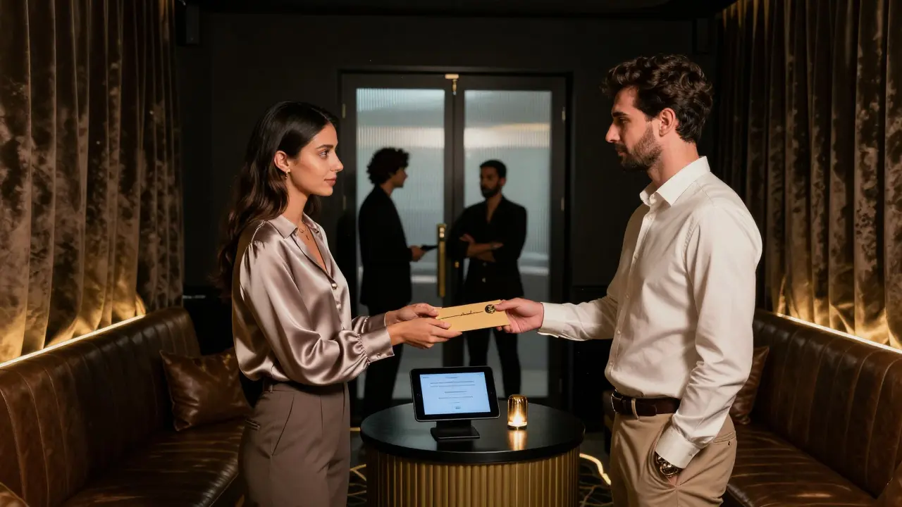 A discreet exchange of cryptocurrency keys in a private members-only club, emphasizing privacy and exclusivity.