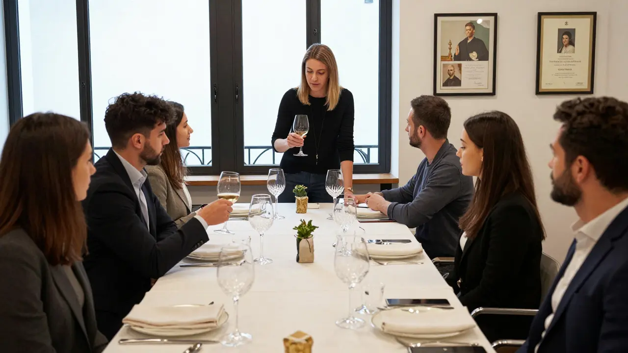 A group of professionals learning fine dining etiquette in a discreet Milan agency, with polished table settings and focused instruction.