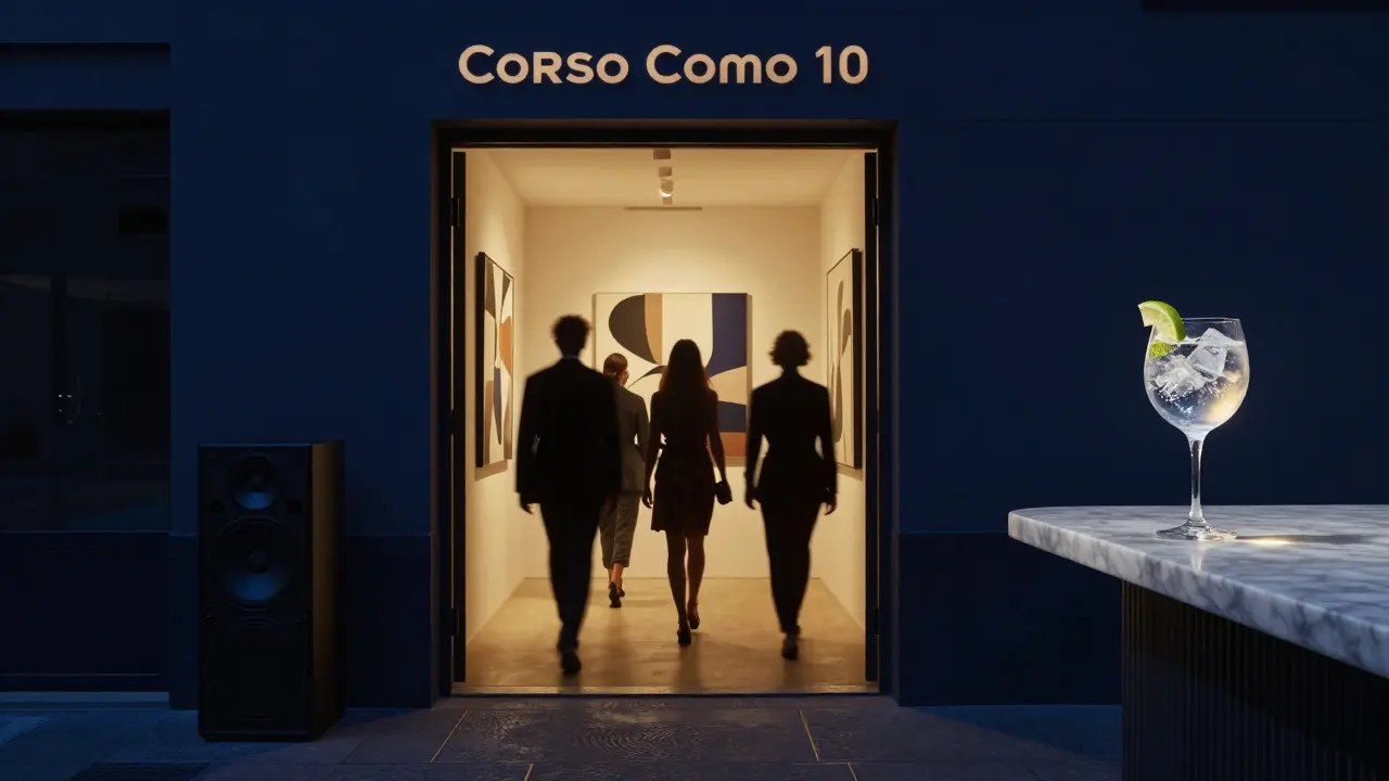 A hidden club entrance with golden light spilling out, guests entering past contemporary art walls.