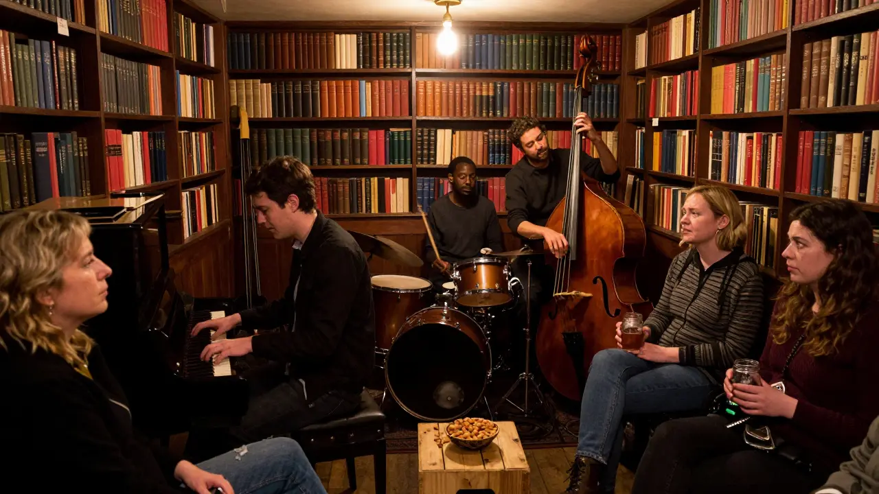 A intimate jazz performance in a book-lined basement room, patrons listening silently with mason jars of wine.