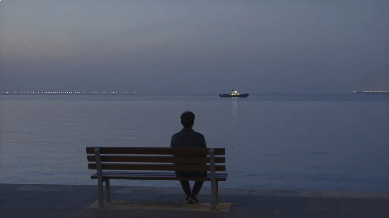 A lone person sitting on a bench by Dubai Marina at 3 AM, reflecting the quiet after the nightlife.