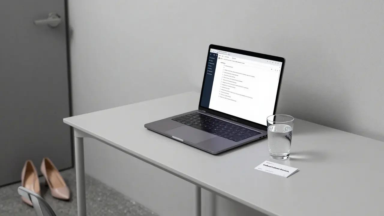 A minimalist office in Brera with encrypted messages and a business card labeled 'Cultural Liaison Services.'