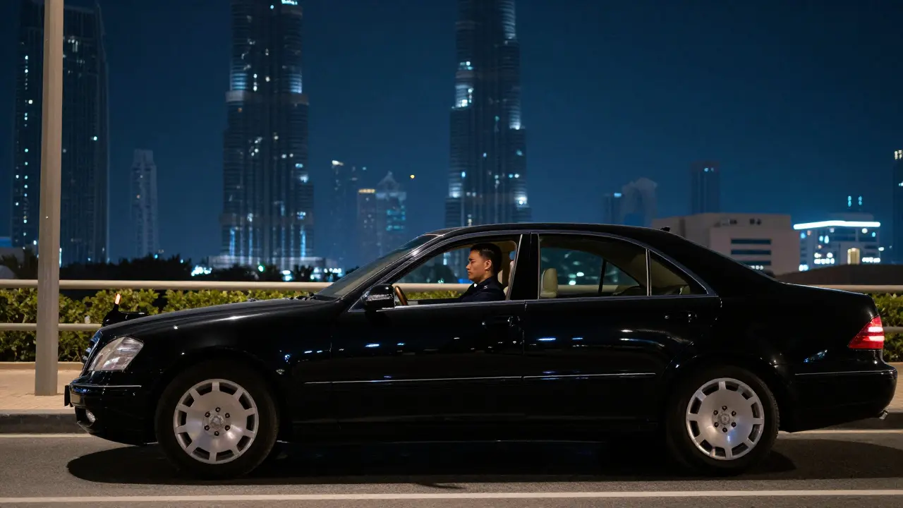A private black luxury car waiting silently under a Dubai streetlamp at night, driver in uniform.