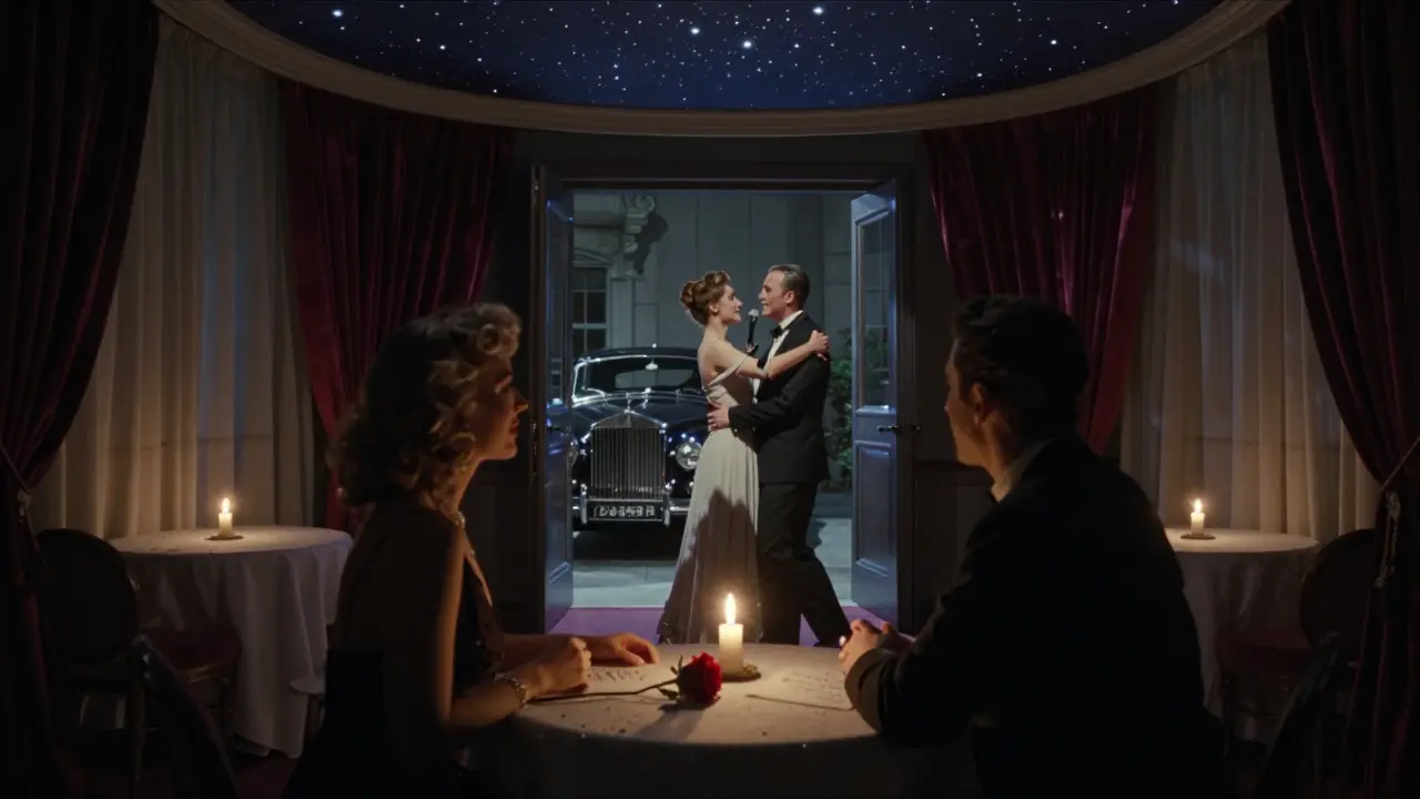 A private cabaret for two, lit by candlelight and star projections, with a rose on the table.