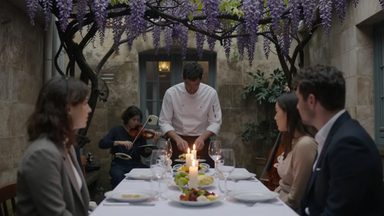 A private dinner under a wisteria vine in a quiet Parisian courtyard, candlelight on fine china, with distant violin music in the air.