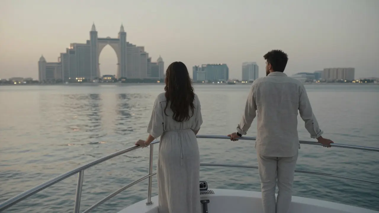A quiet moment on a private yacht at dawn, with the Emirates Palace visible in the distance.