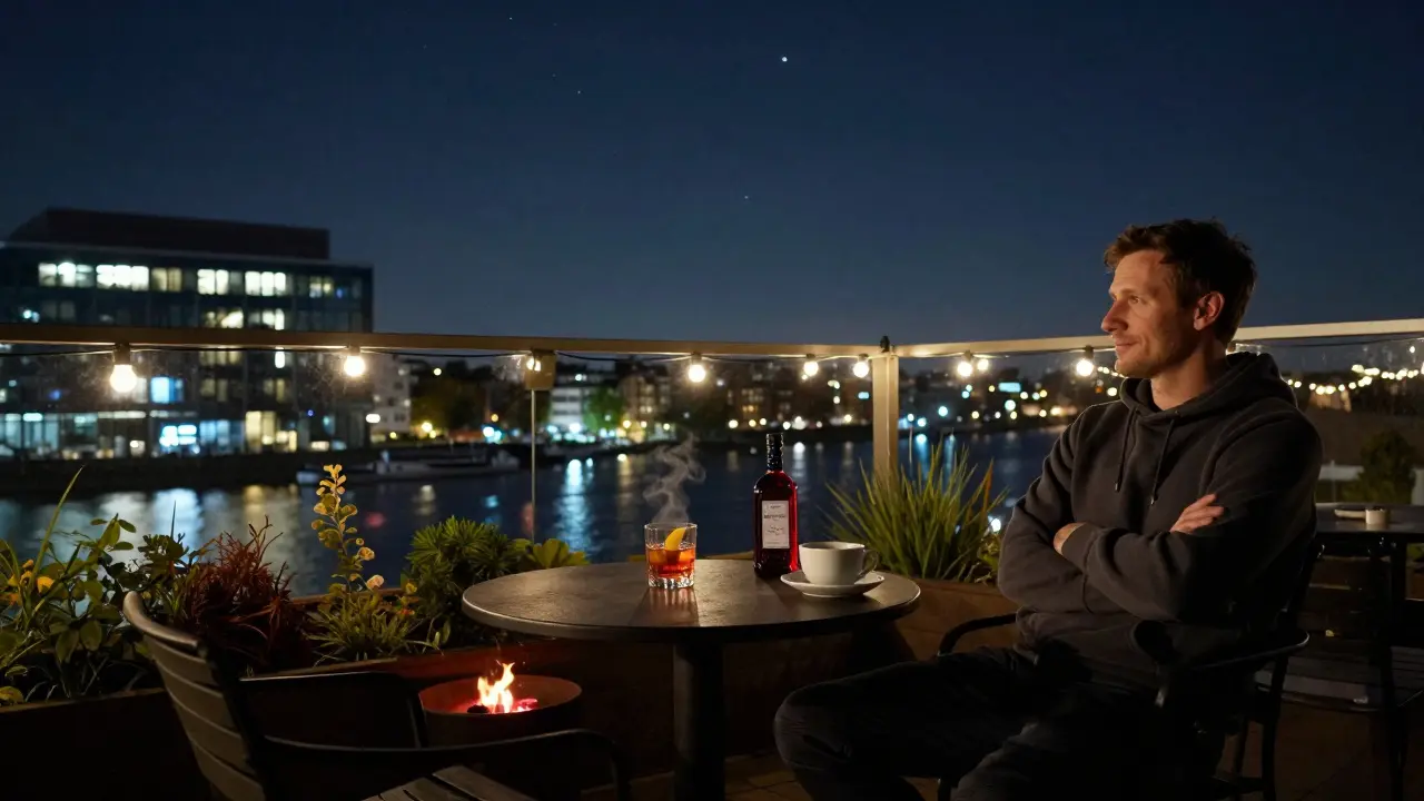 A quiet rooftop garden at dawn with a single table, string lights, and the Thames glowing below in the night.