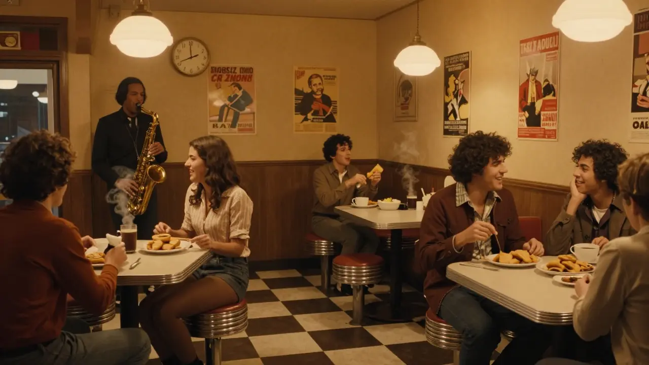 A retro Milan diner at 2 AM with a saxophonist playing, patrons sharing food under warm lighting.