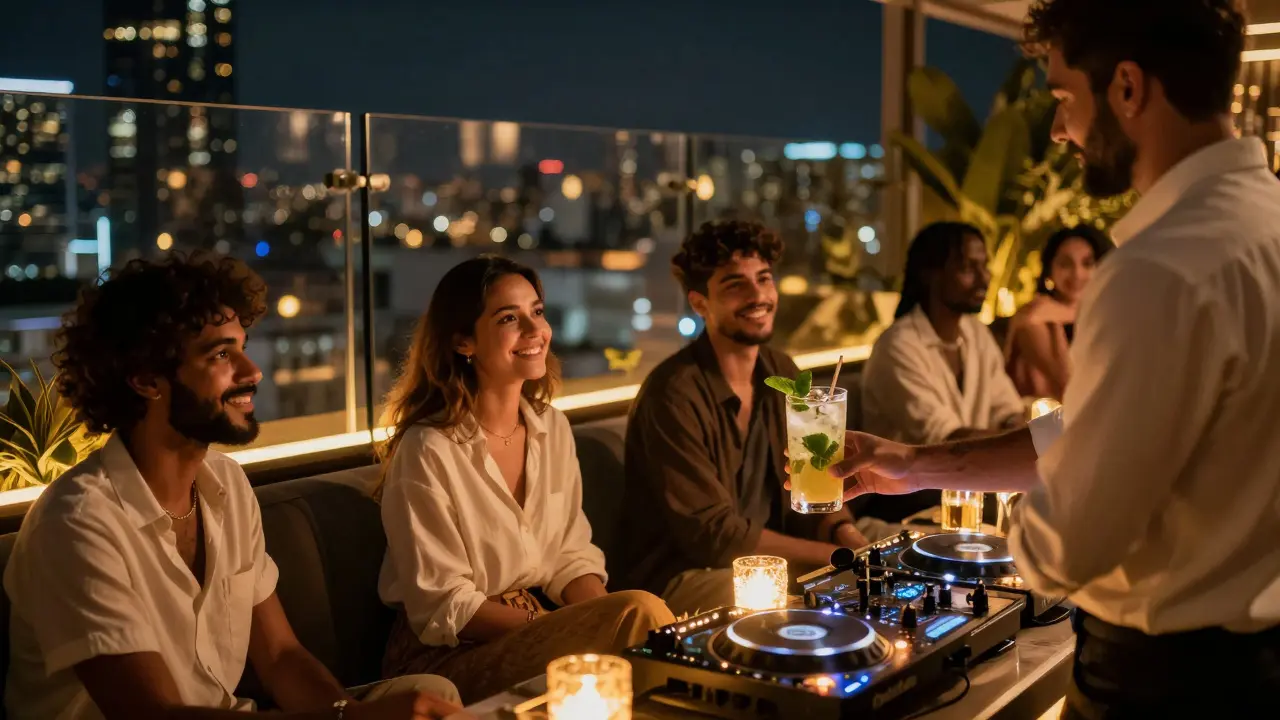 A rooftop lounge at night with guests enjoying Afrobeat and Arabic trap music, skyline glowing in the background.