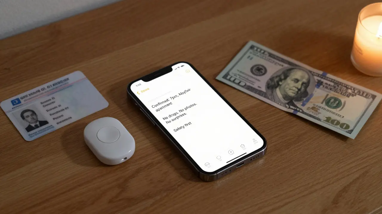 A smartphone showing a confirmed escort booking with safety rules, beside a panic button and cash envelope in a minimal room.