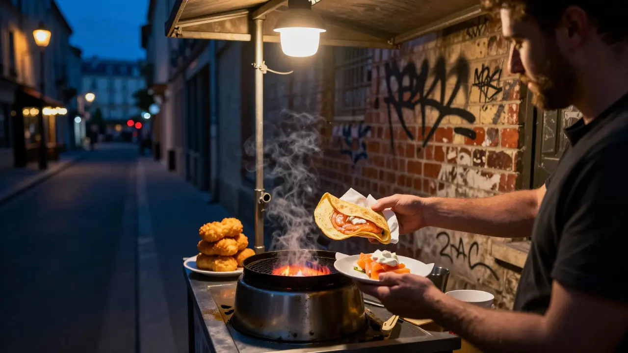 A street vendor handing a warm crêpe to a customer at a late-night Paris cart.