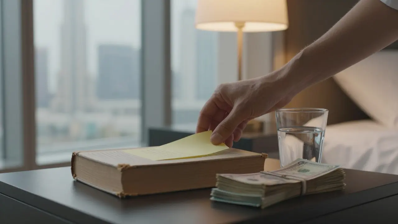 A thoughtful gift left on a bedside table — a book with a note, beside cash and water, in quiet dignity.