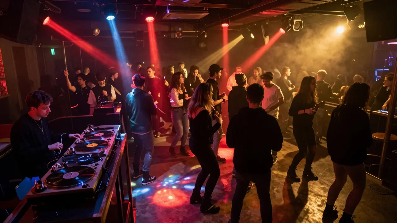A vibrant nightclub crowd dancing under disco lights with vinyl records spinning in the background.