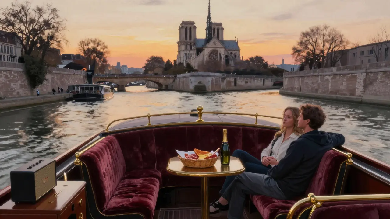 A vintage barge glides along the Seine at sunset, two people in silence, Champagne and charcuterie on board, with Paris landmarks softly glowing in the distance.