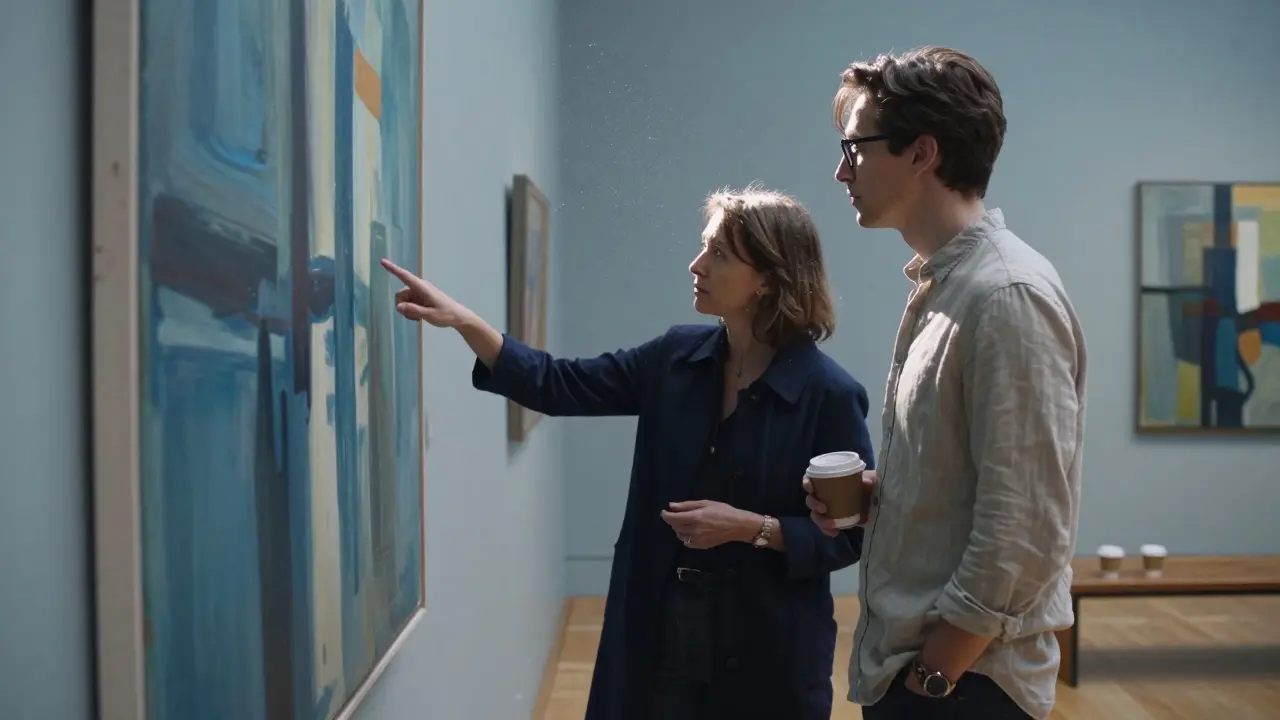 A woman and companion standing before an abstract painting in a gallery, listening intently as sunlight streams through windows.