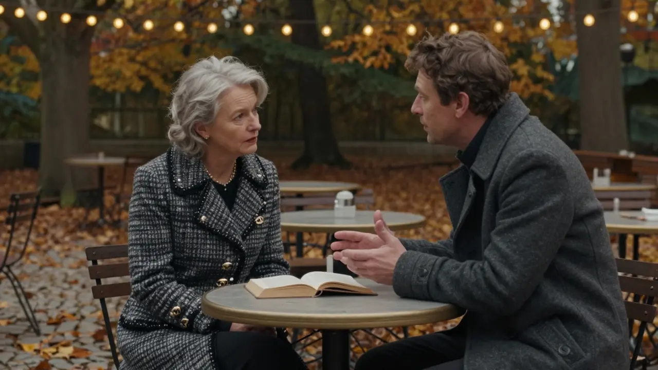 A woman and man sharing a thoughtful moment at a garden café in autumn, leaves scattered around them.