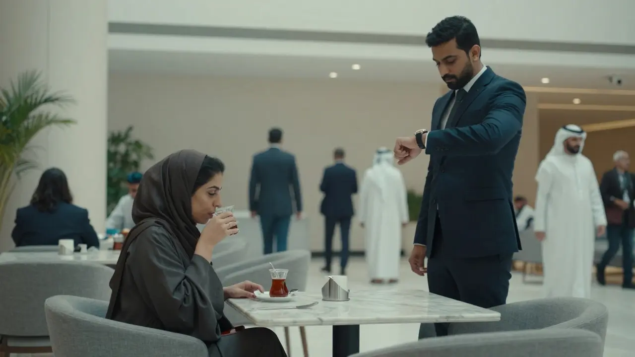 A woman sitting alone in a public lounge at The Galleria in Abu Dhabi, with a man nearby, under soft daylight and subtle surveillance camera visibility.