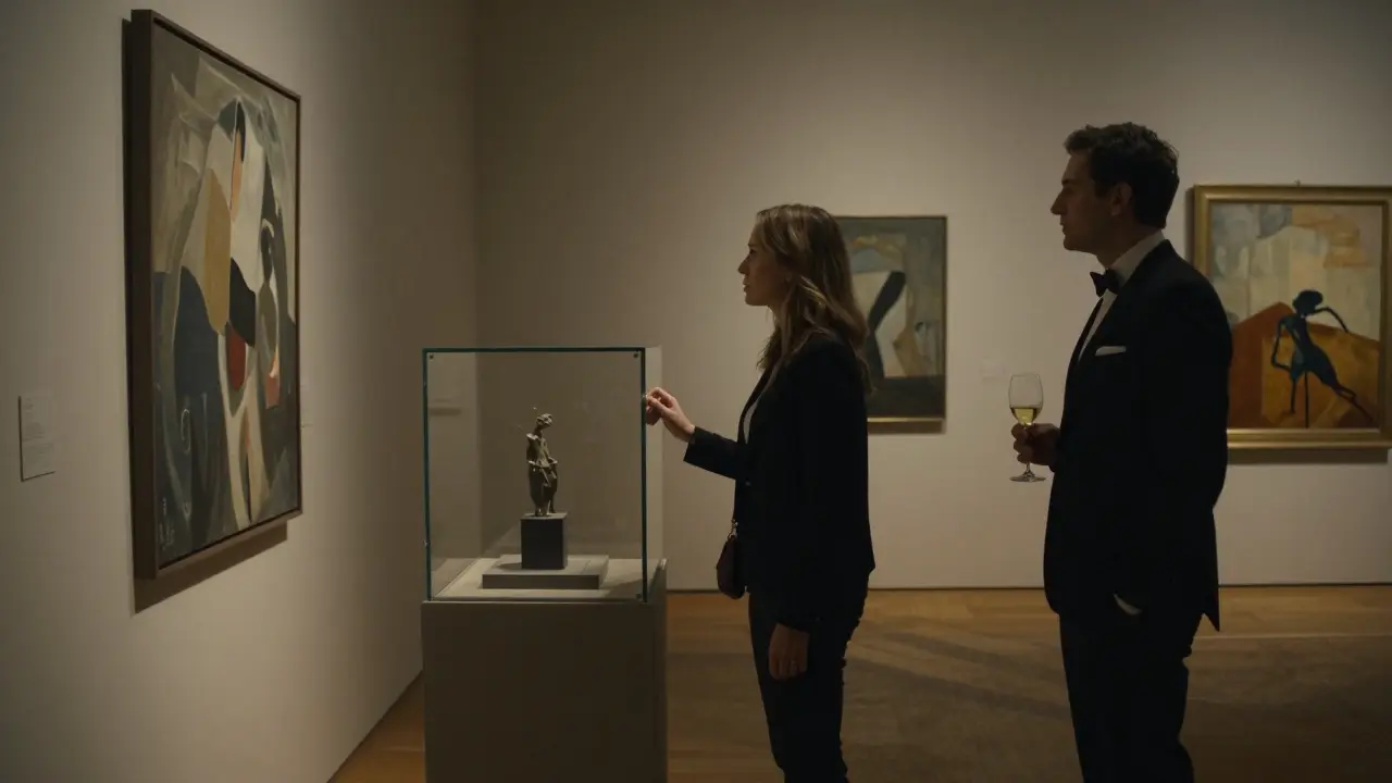 A woman standing before art in a private gallery viewing, quietly accompanied.