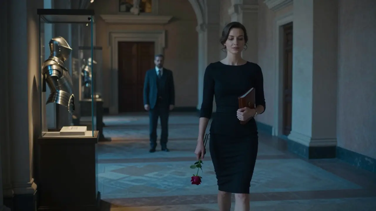 A woman walking through Sforza Castle at dusk, with a man faintly reflected in armor, suggesting discreet companionship.