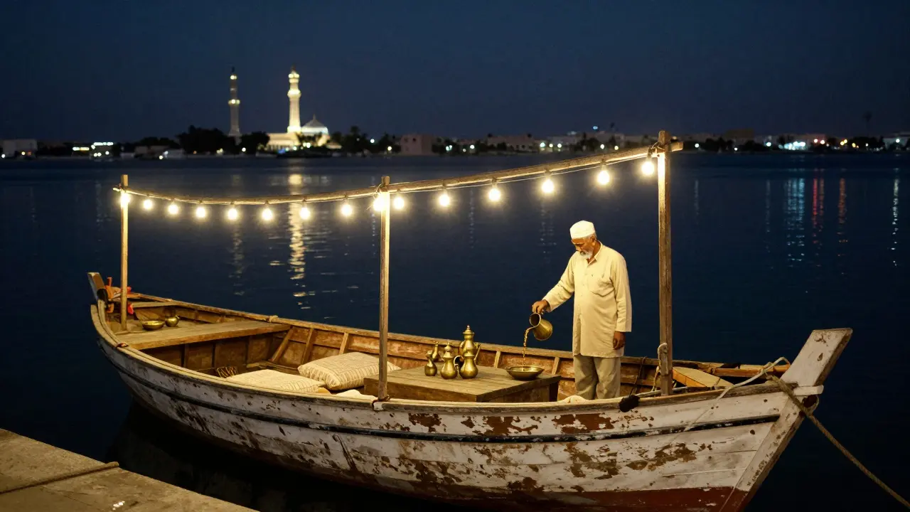 A wooden dhow on the creek at night, serving coffee under string lights with mosque lights in the distance.