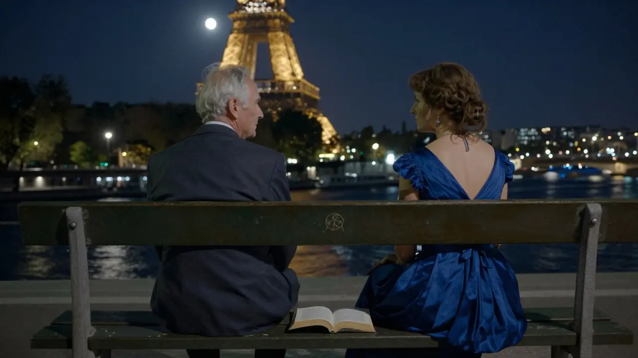 An elderly man and a woman share a quiet, connected moment on a Seine bench at night, with the Eiffel Tower glowing softly behind them.