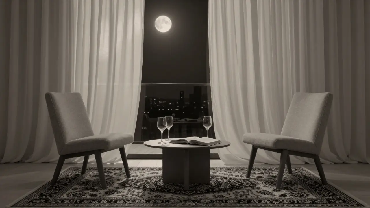 An empty penthouse suite at night, with a book of poetry left open on a low table.