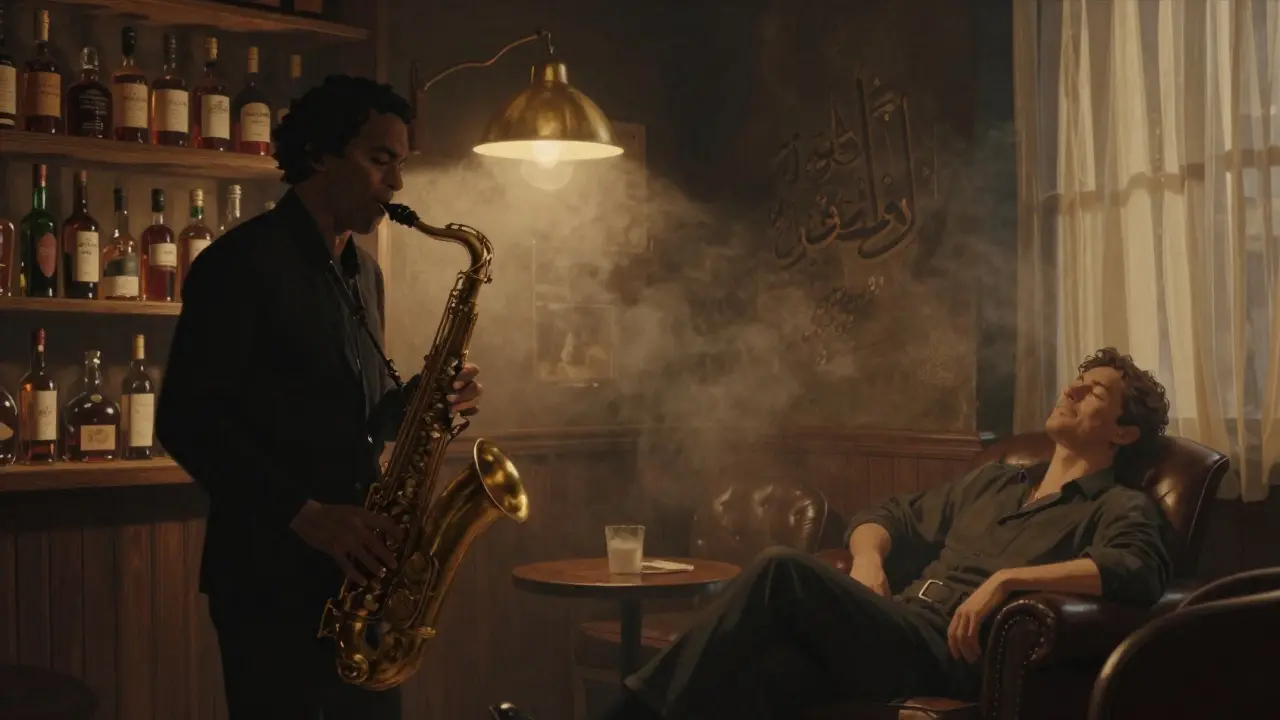 An intimate jazz club with a saxophonist playing in dim, smoky light under a single lamp.