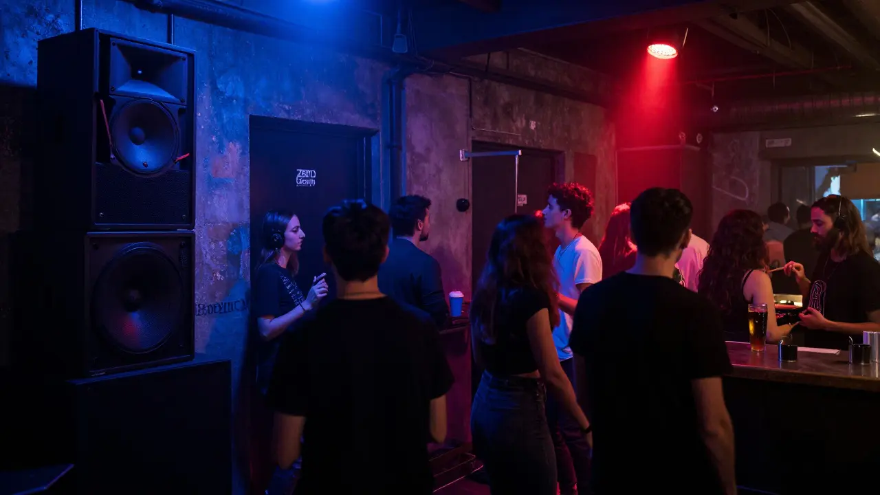 An underground warehouse club with dim lighting, crowd dancing to techno, exposed concrete walls and no signs.
