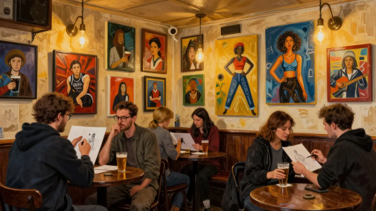 Artists and patrons sketching and socializing in a pub covered in local paintings.