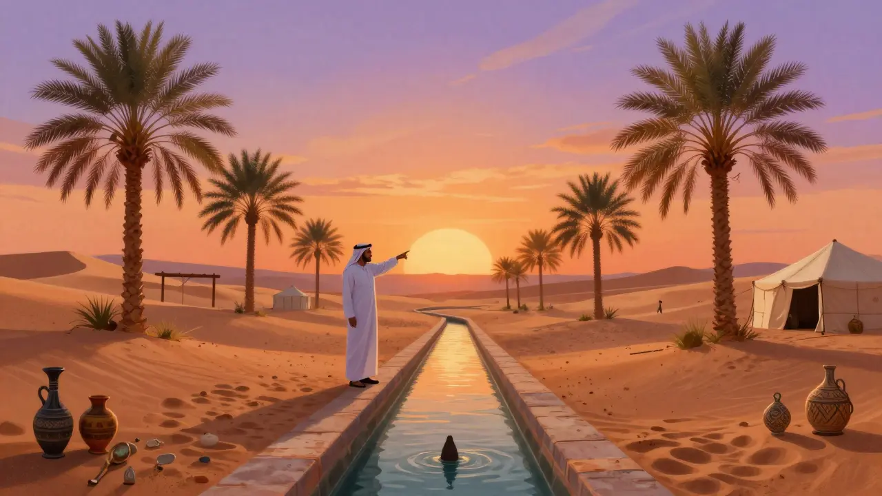 Bedouin guide showing falaj irrigation system in Liwa Oasis at sunset