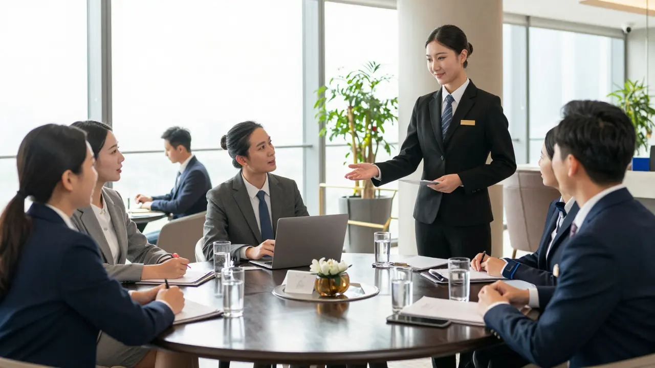 Business professionals networking with concierge service representative in luxury hotel.