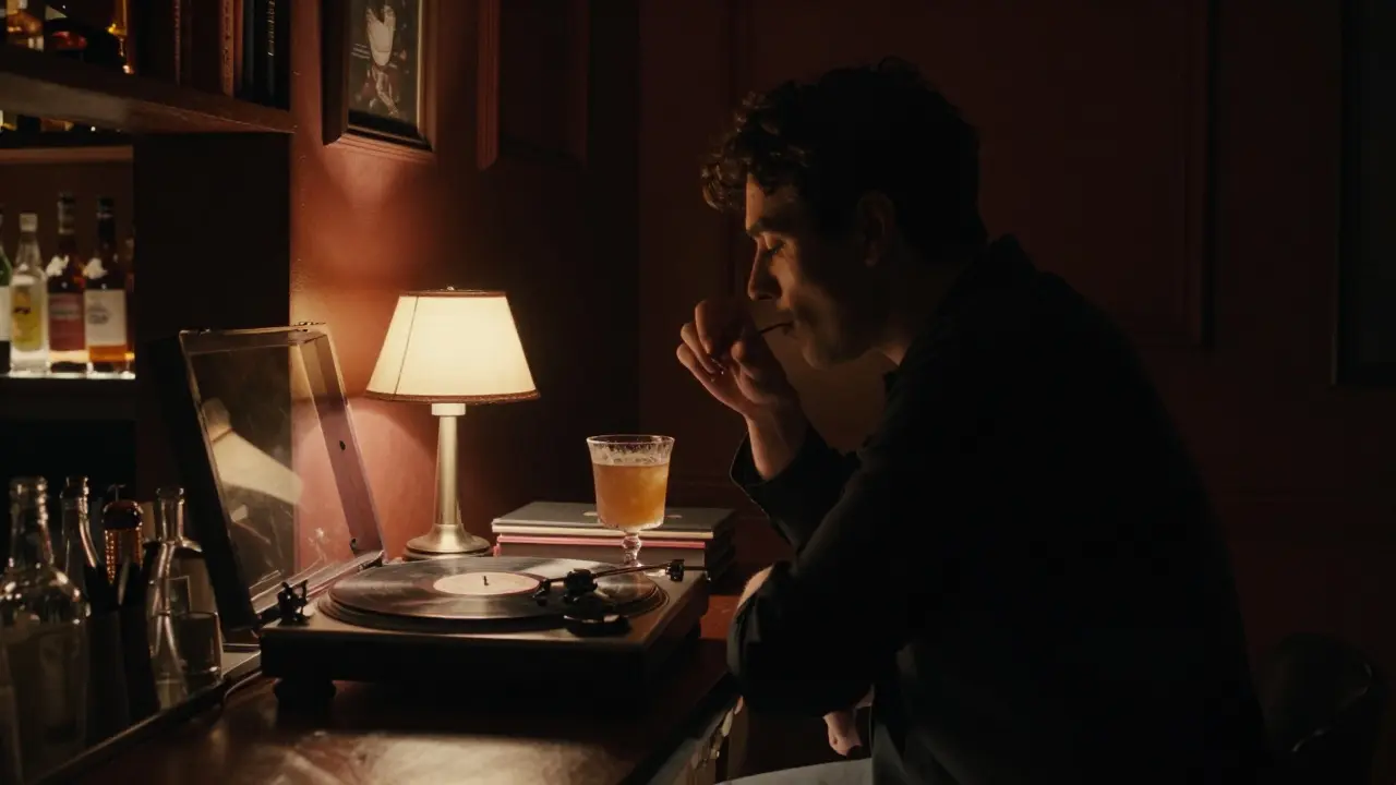 Cozy dimly lit speakeasy interior with a lone person drinking a cocktail, vinyl record spinning, warm copper lighting.