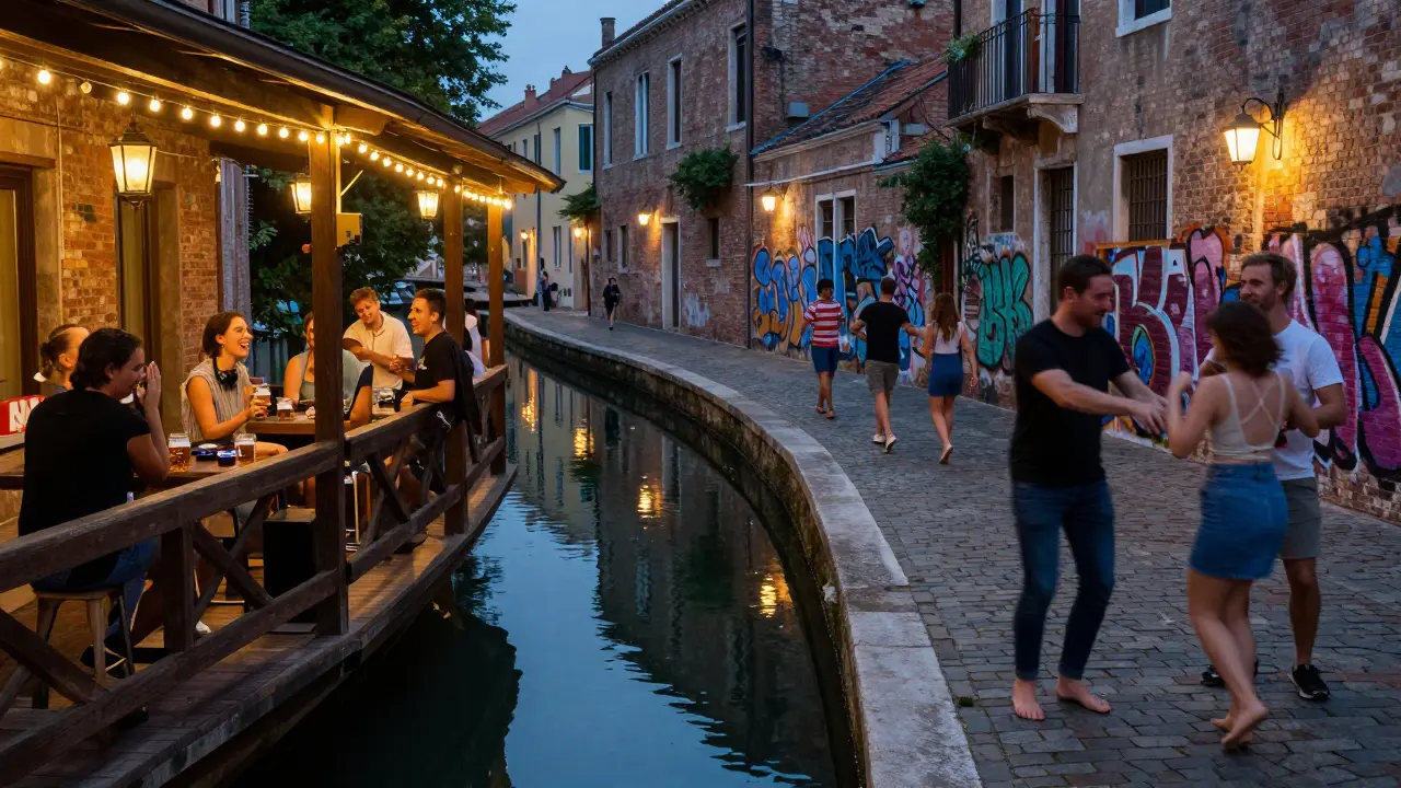 Crowd dancing along a canal under string lights, locals drinking craft beer on wooden terraces.