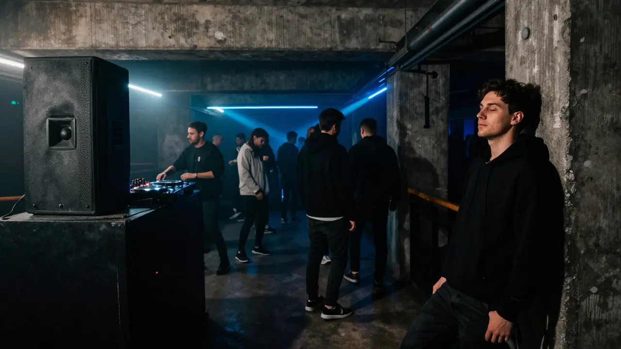 Crowd dancing in a dark underground techno club with industrial concrete walls and strobe lighting.