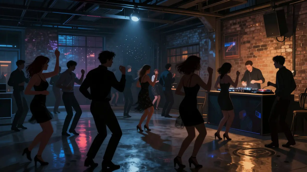 Crowd dancing in a dark warehouse club with vintage Italian disco lights and exposed brick walls.