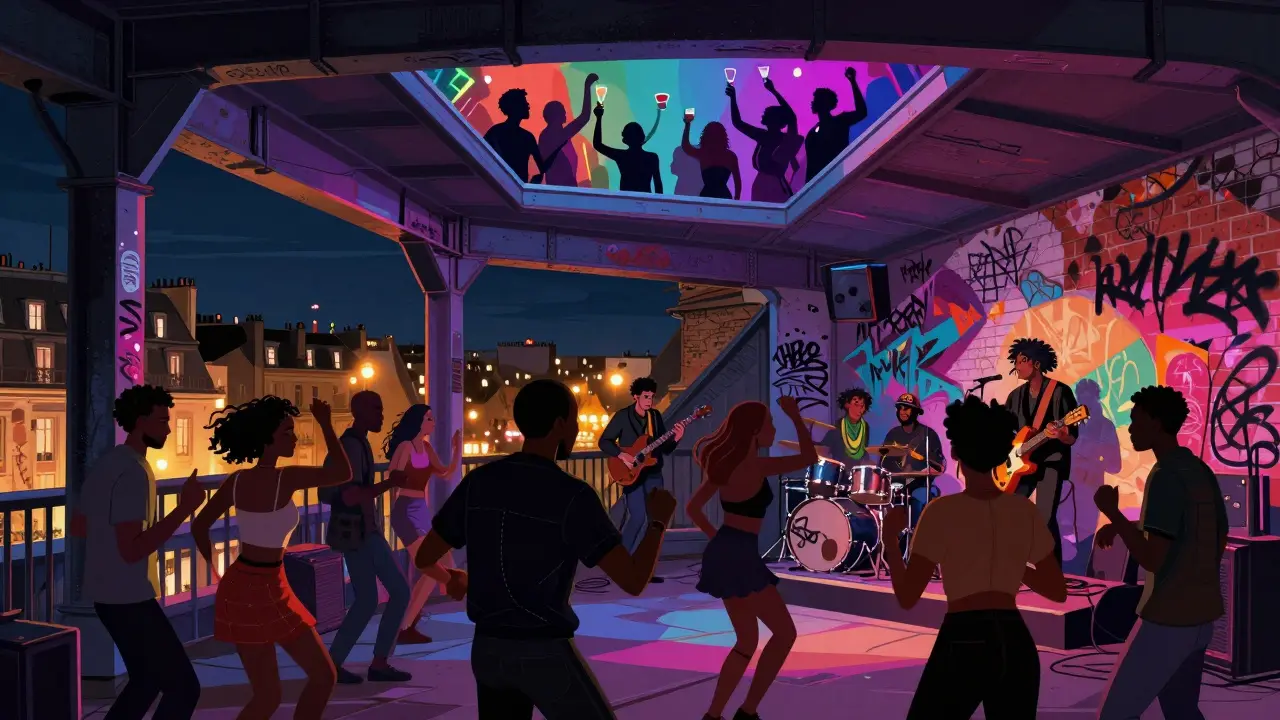 Crowd dancing inside La Bellevilloise with a live band and secret rooftop party glowing above, surrounded by industrial decor and city lights.