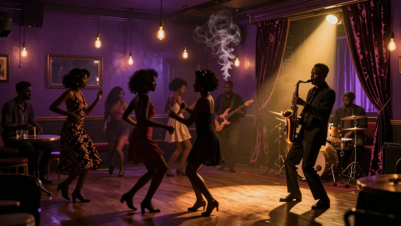 Dancers in deep purple lights at The Jazz Café, a saxophonist illuminated in the foreground.