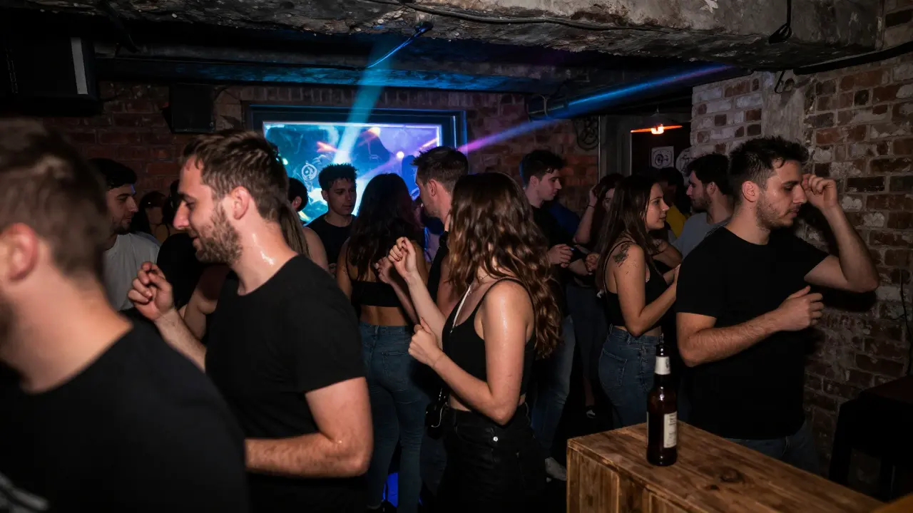 Dim underground club with dancers, strobe lights, and exposed brick walls.