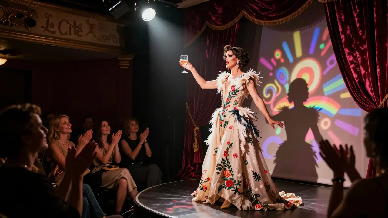 Drag performer under dramatic spotlight in a historic theater, audience in shadow applauding.