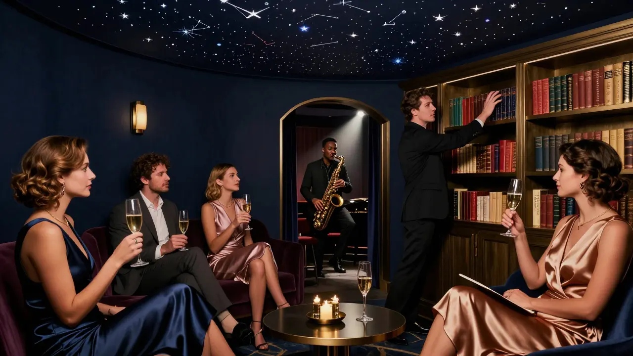 Elegantly dressed guests sip champagne in a hidden basement club with a starry ceiling and jazz lounge behind a bookshelf.