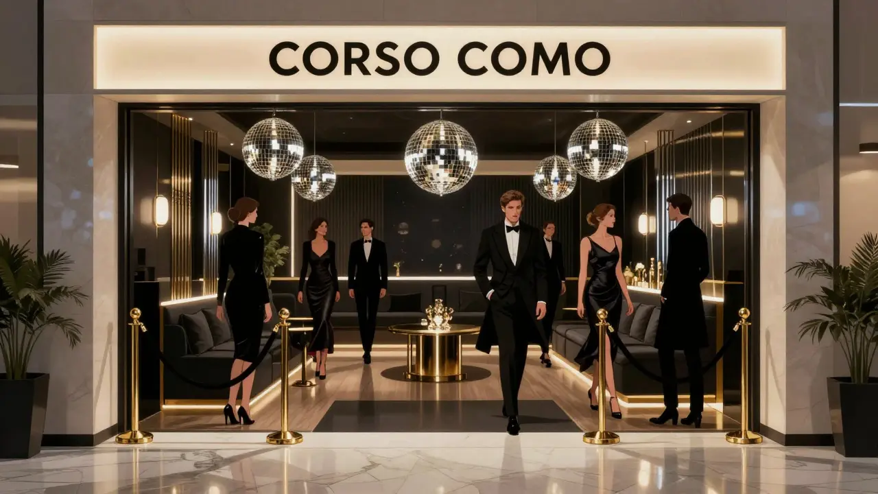 Elegantly dressed patrons entering a luxury nightclub on Corso Como with golden lighting and velvet rope.