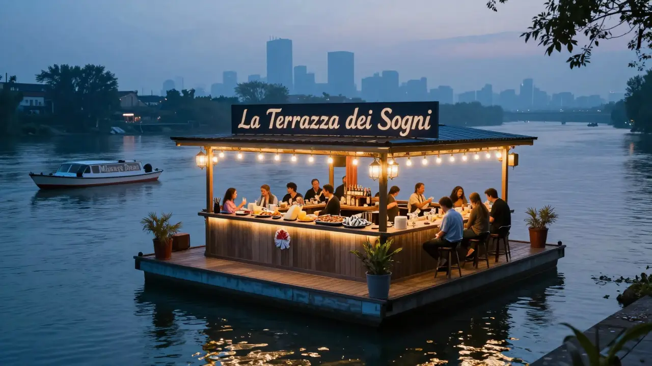Floating bar on the Adda River at dusk, guests drinking cocktails with cheese and sardines under soft lights.